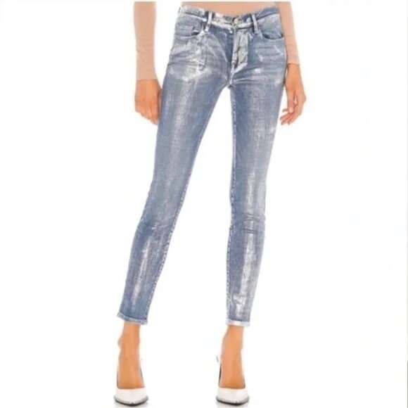 Frame Metalic Skinny Jeans Womens 24 Blue Festival Mod Futuristic Classic NWOT - Picture 11 of 11